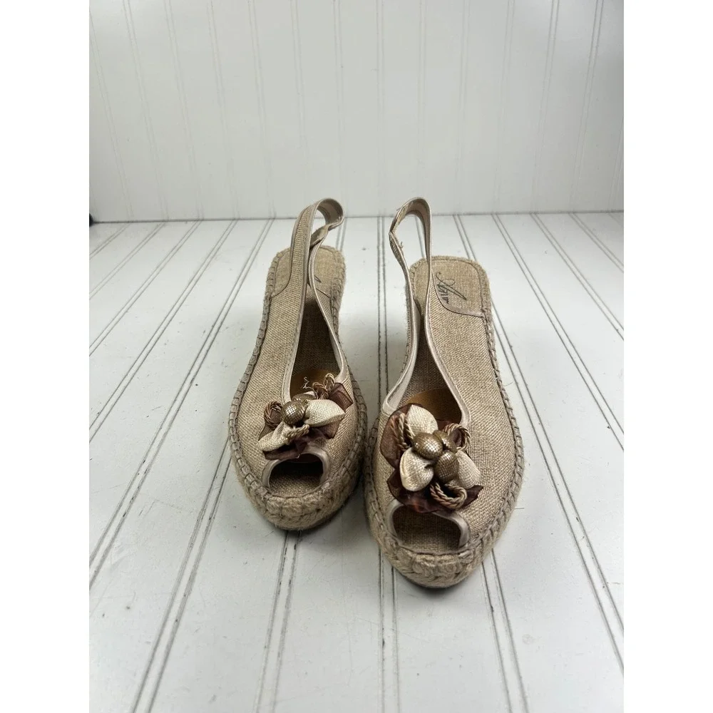 Aura Beige Linen Floral Espadrille Slingback Wedge Sandals Women's Size 40 9-10